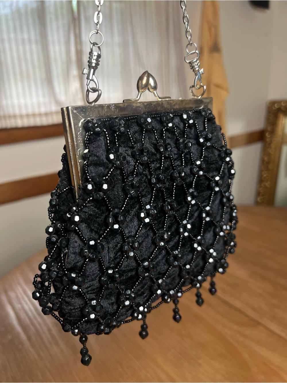 Vintage-Inspired Black Beaded Crochet Fringe Evening Bag